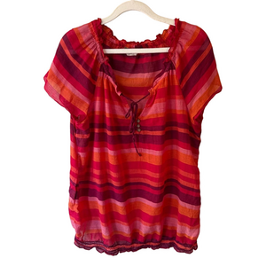 Old Navy Relaxed Red and Pink Tie Front Blouse Women’s L Sheer Lightweight